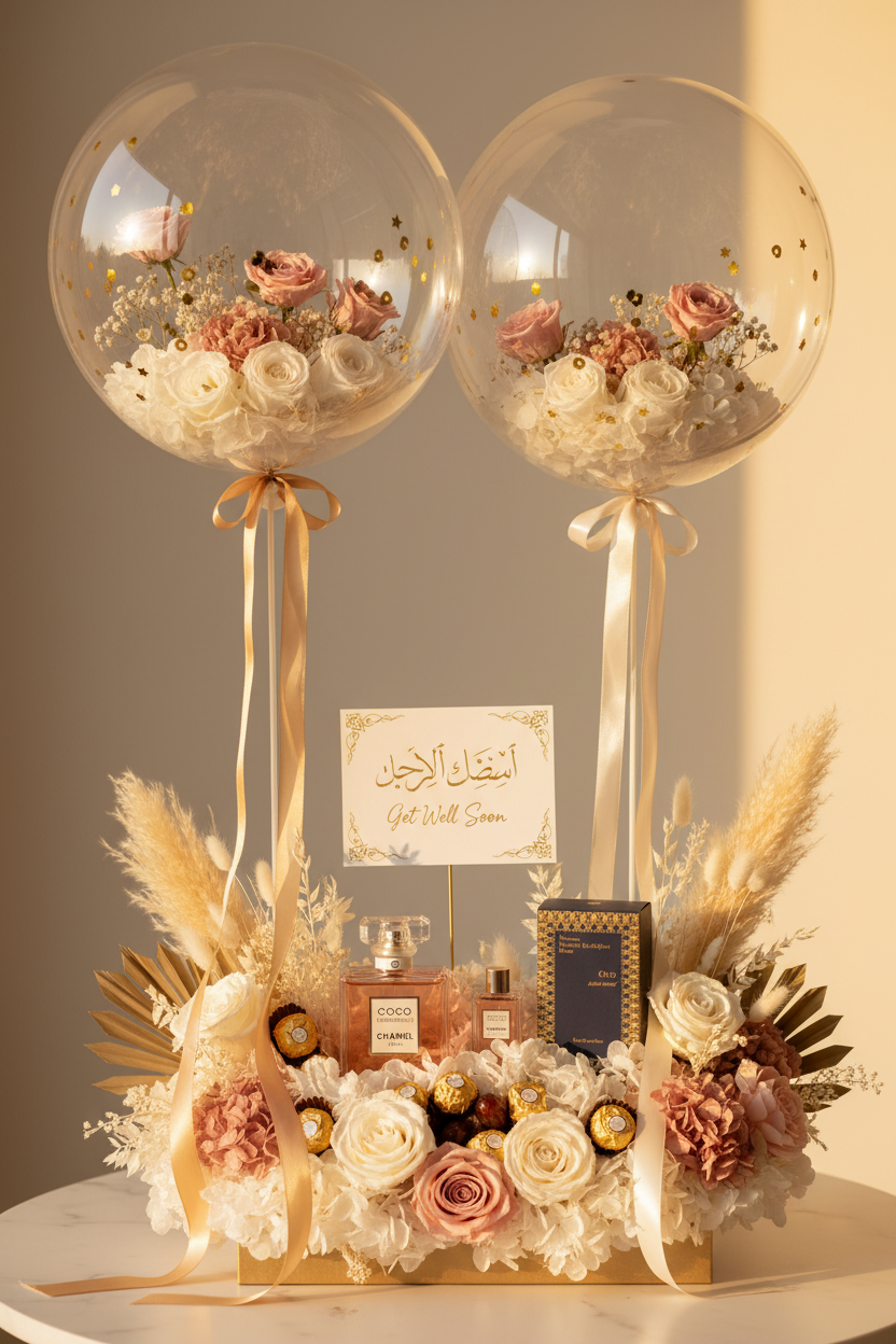 The Luxstery Bloom & Heal Get Well Soon Gift Set with bobo balloons, preserved flowers and luxury fragrances