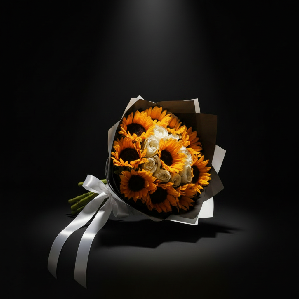 Top down flat lay of sunflower bouquet with black and white wrap in dark studio