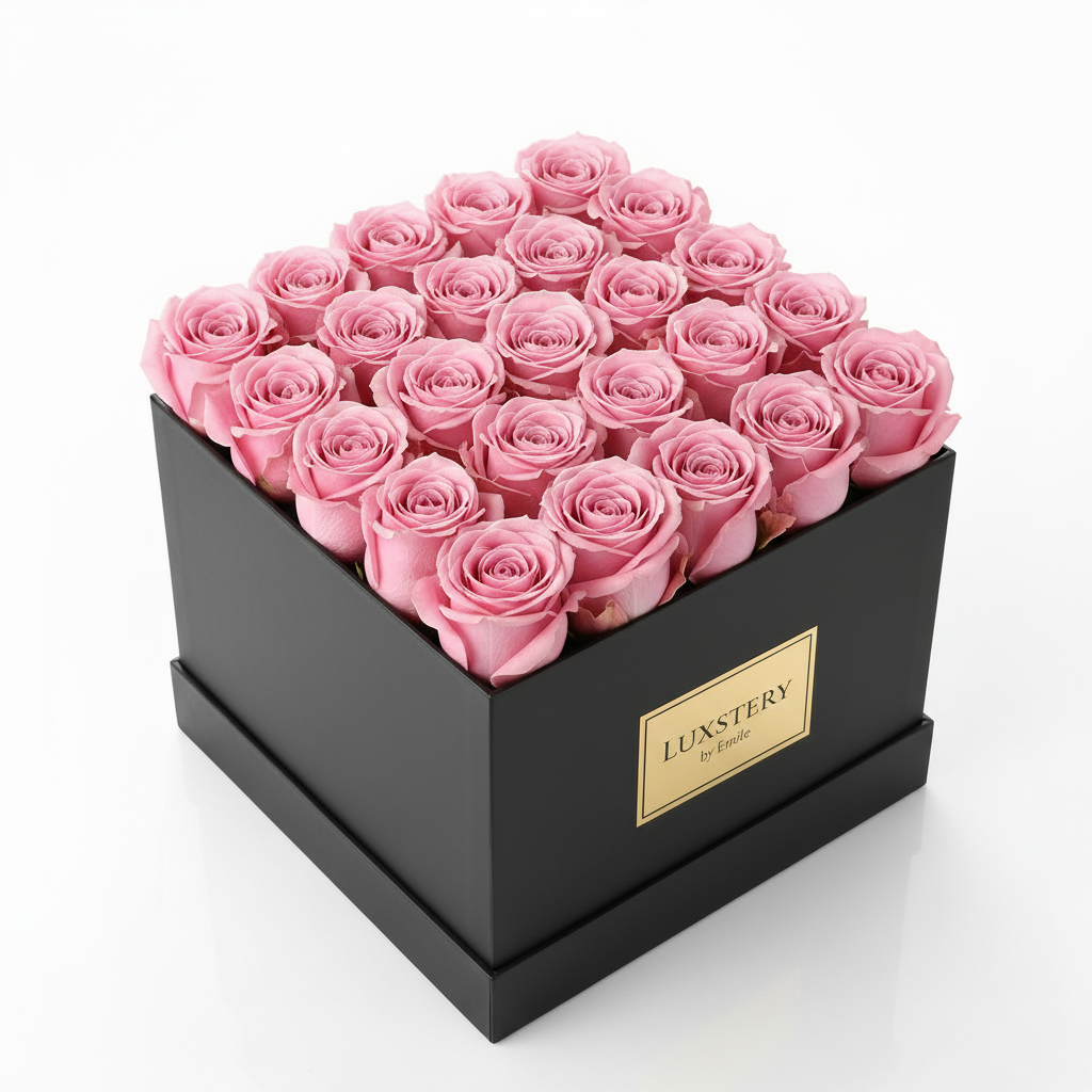 Luxstery pink roses in black box with Luxstery by Emile gold plaque branding
