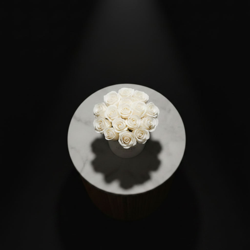 Top down view of white roses in Luxstery cylinder box