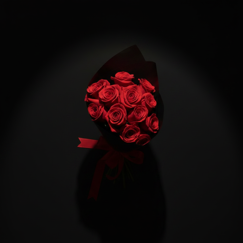 Top down flat lay of red rose bouquet with red ribbon in dark studio