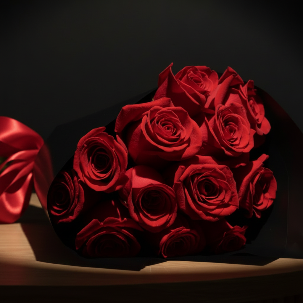 Close up macro shot of deep red roses in black wrap